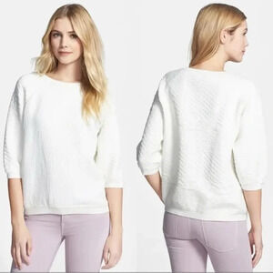 Vince Jacquard Pullover Sweatshirt 3/4 Sleeve Textured Cotton Blend White Size L